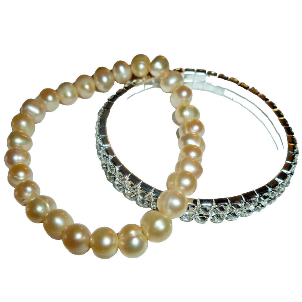 Champagne Freshwater Pearl & Double Row Rhinestone Stretch Bracelet Set 2pc